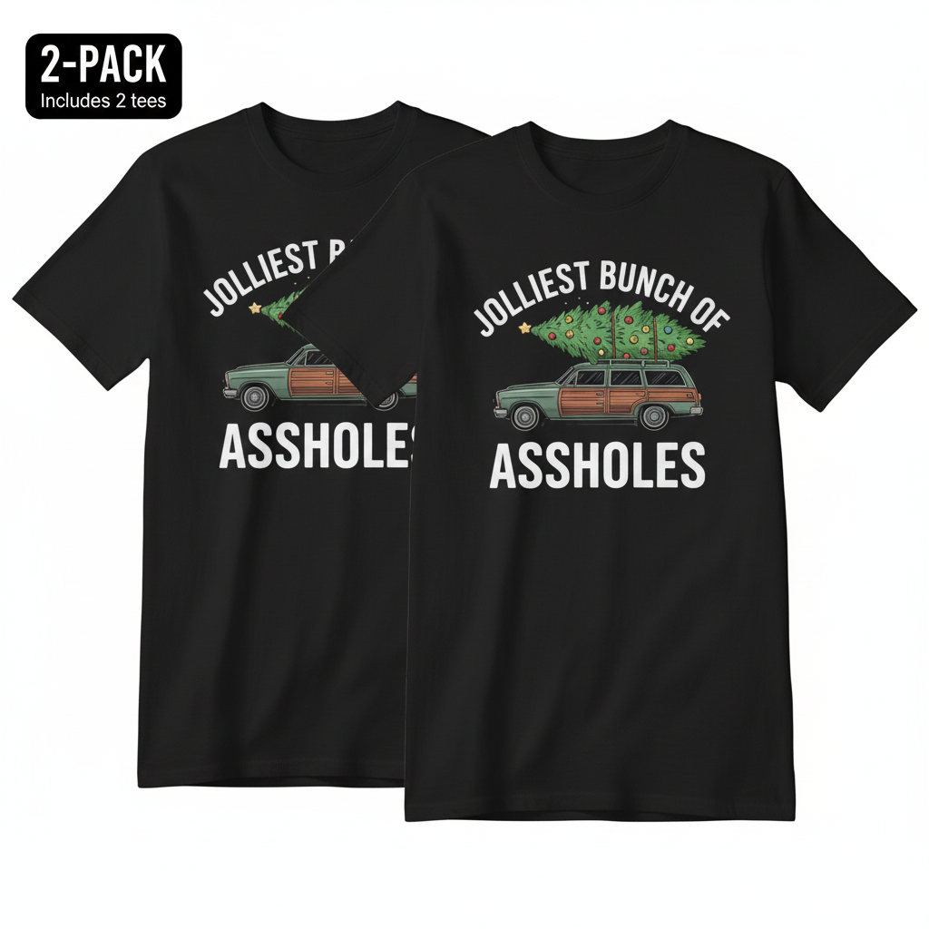 Two black t-shirts with humorous text and graphics on a white background