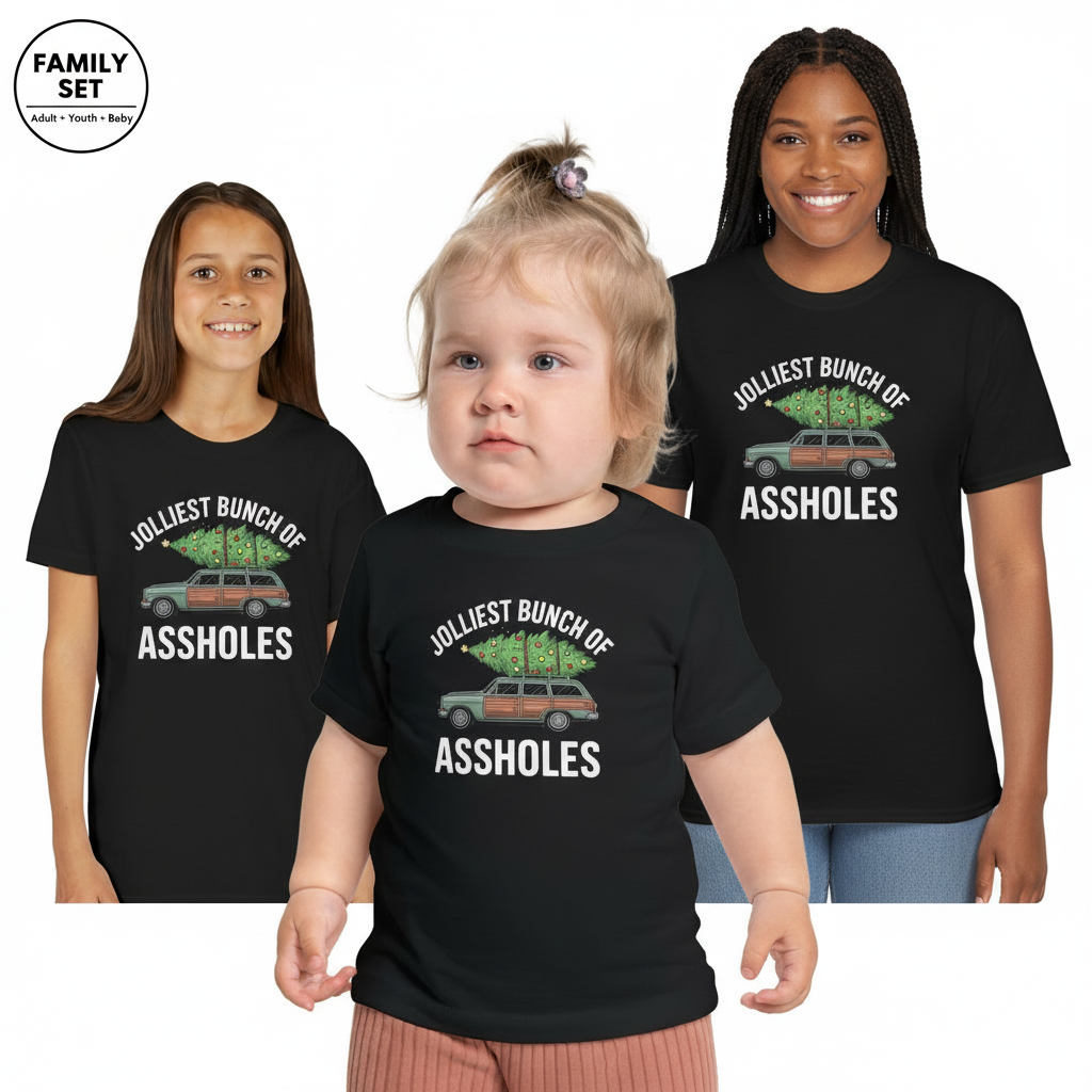 Three people wearing black t-shirts with a humorous graphic and text.