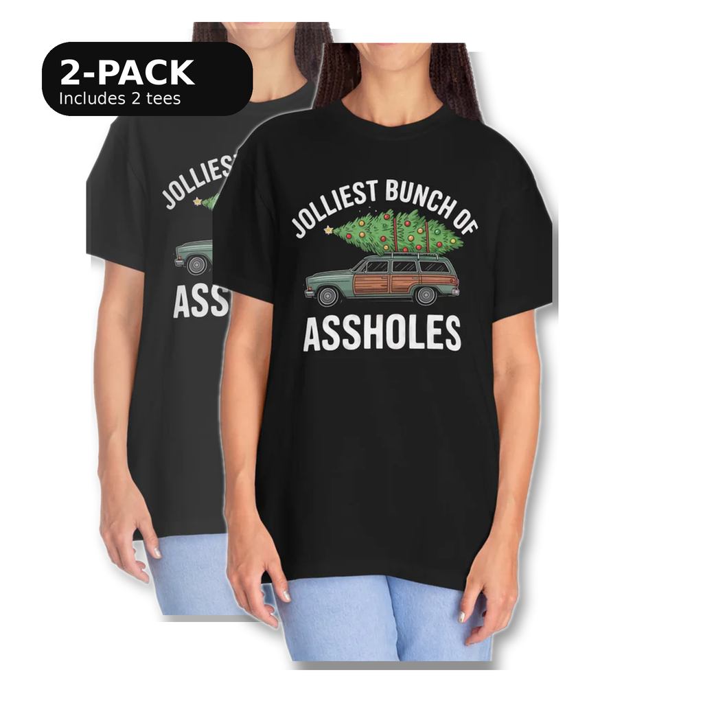 Two black t-shirts with Christmas-themed designs on a white background