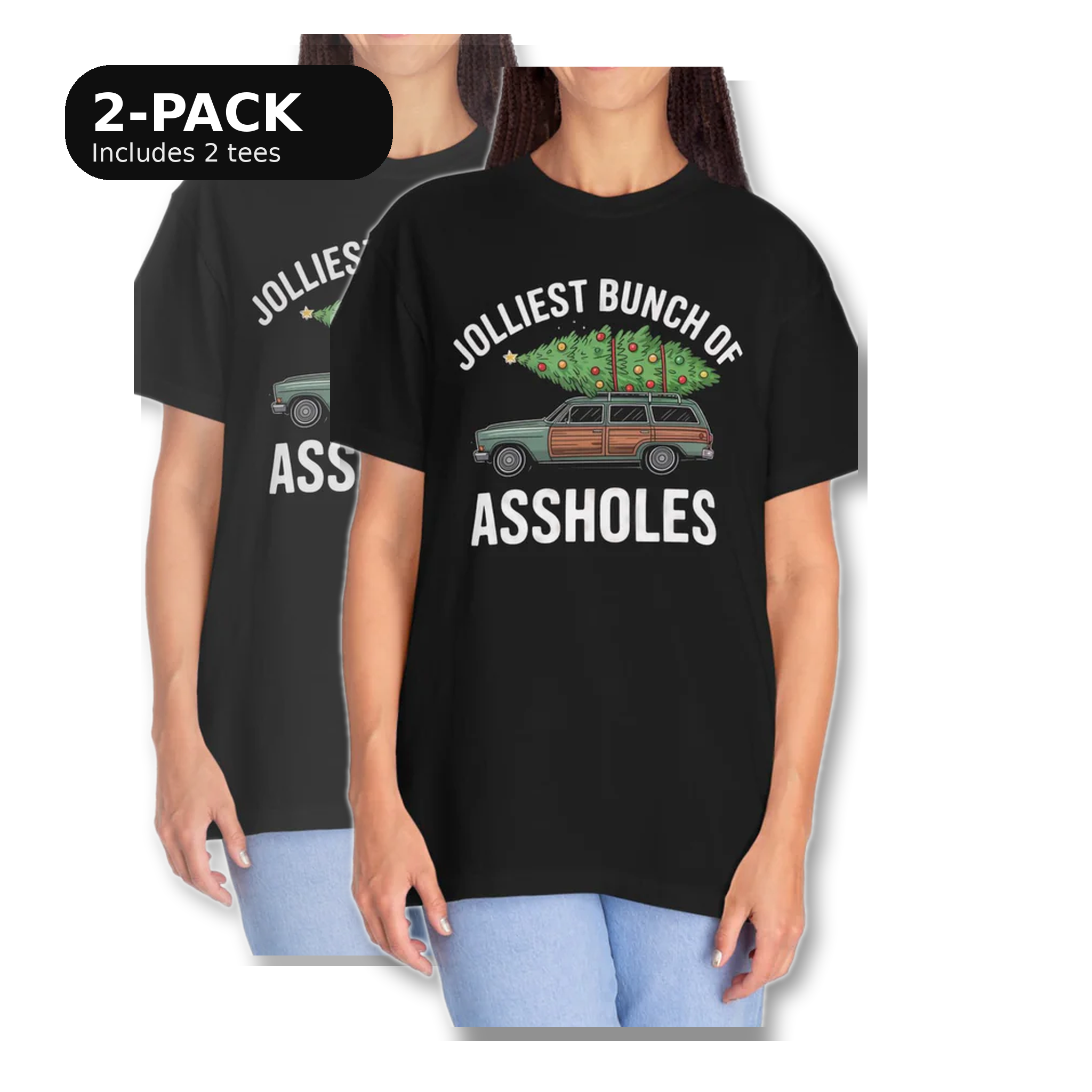 Two black t-shirts with Christmas-themed designs on a white background